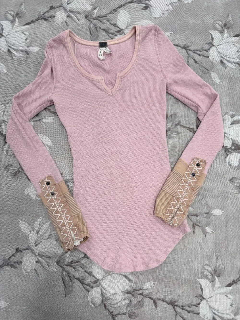 Free People We The Free Blush Pink Thermal Top Embroidered Mixed Media Cuffs XS